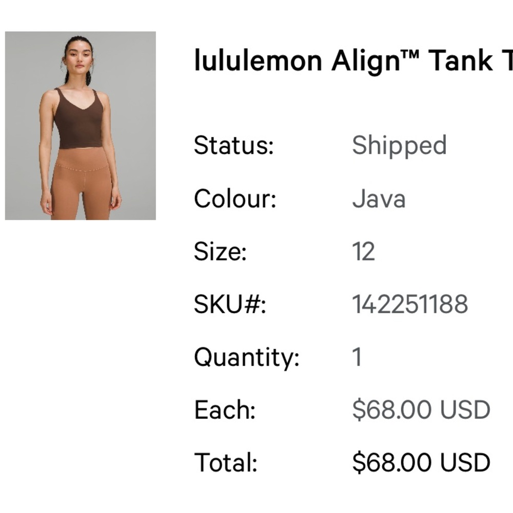 Lululemon align tank size 12 color Java